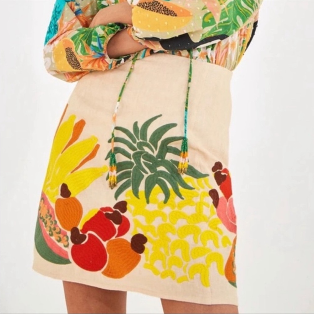 Farm Rio Embroidered Linen Fruit Skirt